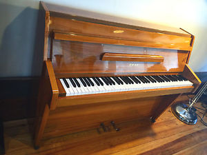 LOW SLEEK MODERN SMALL BRITISH Upright Piano By Bell / Zender Walnut High Gloss