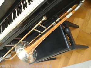 deutsche Posaune R. Schopper aus Goldmessing mit Neusilberkranz, Top Zustand!!!