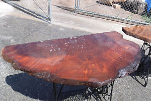 2 CURLY REDWOOD HALL TABLES END TABLES COFFEE TABLES  SINGER SEWING MACHINE BASE