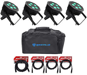 (4) American DJ Mega QPlus Go Battery Powered RGB+UV Par Lights+Carry Bag+Cables