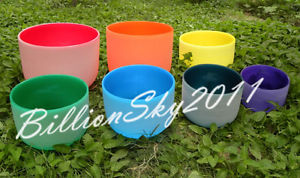 Chakra Tuned Set of 7 Colored Frosted Quartz Crystal Singing Bowls 8"-12"