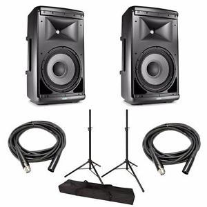 JBL EON610 10" Self Powered Speaker Pair w/ Stands, Stand Bag & XLR Cables