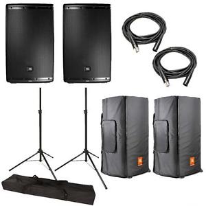 JBL EON615 Powered 15" 2Way  Speaker Pair w/ Tripod Stands, Convertible CVR, XLR