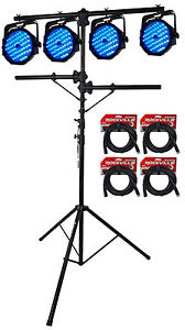 (4) American DJ Mega Go Par64 Plus Battery Powered Par Wash Lights+Stand+Cables