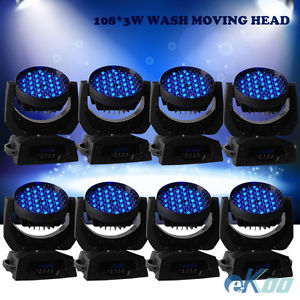 8Pcs 108x3W RGBW LED Moving Head Wash Stage Light DJ Disco Party American