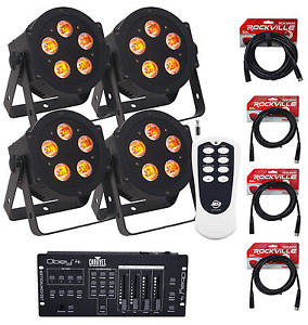 (4) American DJ ADJ 5P-HEX 6-In-1 DMX Slim Par Lights+Controller+Remote+Cables
