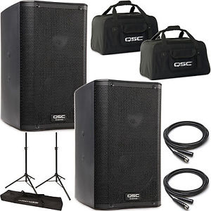 2x QSC K8 Powered 8" Speaker Pair w/ Tote Tripod Stands Cables and Bag K 8