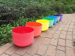 Chakra Tuned Set of 7 Colored Frosted Quartz Crystal Singing Bowls All 8 Inch