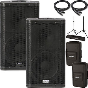 2x QSC KW122 Powered Speakers with Covers, Stands and Cables KW-122 Active 12"
