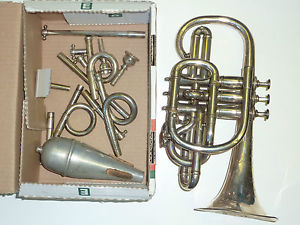 Antique French cornet silver plated Antoine Courtois interchangeable extras