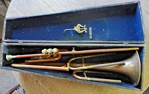 Early Antique Vintage Brass Musical Instrument in Old Wood Coffin Case    Estate