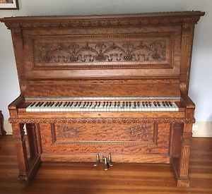 ~ANTIQUE 1895 NEEDHAM BOSTON RENAISSANCE CARVED EXOTIC EXTINCT WOOD PIANO RARE~