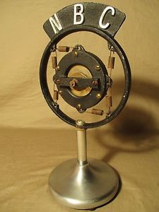 Vintage 1920's Carbon Suspension Ring/Spring Microphone & Stand w/NBC Radio Flag