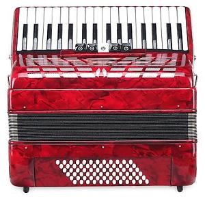ACORDEON 72 BAJOS 34 TECLAS DISCANTE 3 REGISTROS 2 COROS BANDAS CUSTODIA ROJO