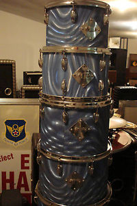 SLINGERLAND EIGHT PIECE EARLY 70'S SET BLUE SATIN SWIRL 2 KICK DRUMS
