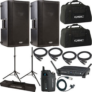 2x QSC K12 Powered Speakers w Audio Technica Wireless Lavalier Microphone + Accs
