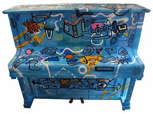 Graffiti street art hand painted Upright Piano blue kev munday doodle NEW unique