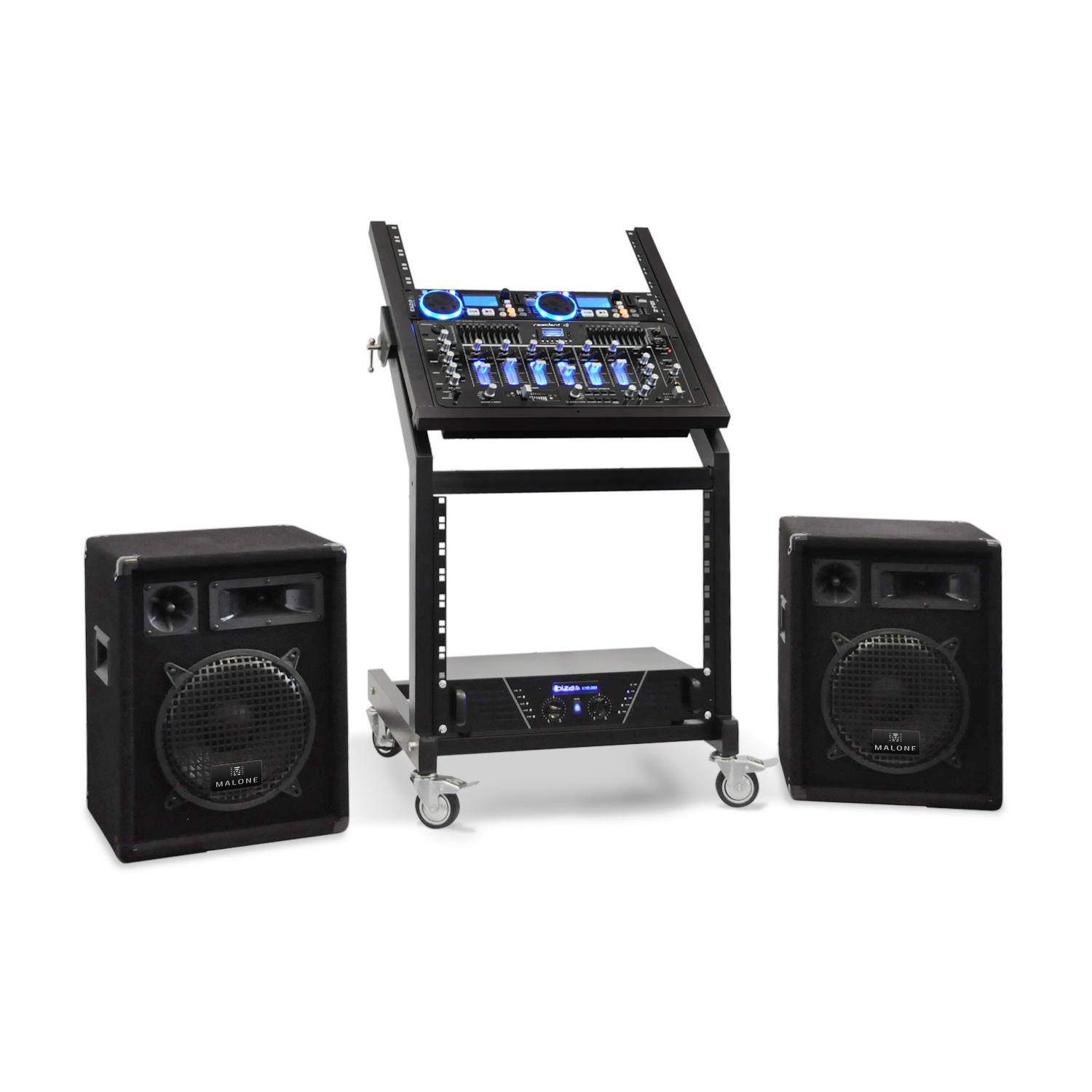 SET COMPLET DJ PA PLATINE + TABLE MIXAGE 4 CANAUX + AMPLI + ENCEINTE RACK CABLE