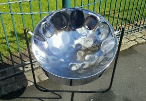 Chromed steel pan drum.  Low C Tenor.  Stand and sticks included