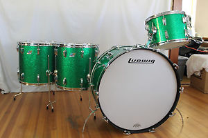 1976 Ludwig "Green Sparkle"  26,14,16,18  3 ply w/rerings, clear maple interiors