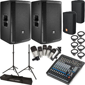 2x JBL PRX812W Powered Speakers with Stands, Covers, Mixing Console & Mic Kit