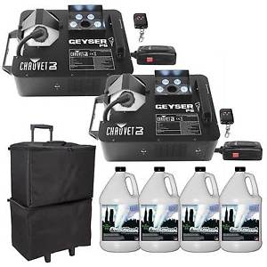 (2) Chauvet DJ Geyser P6 Pyrotechnic-like Vertical Fog Machines w Fluid & Cases