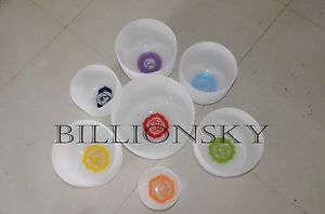 Chakra Tuned Set With Paternoster of 7 Frosted Crystal Singing Bowls 8"-10"