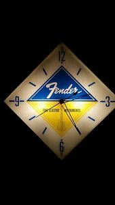 Vintage Fender Guitar Pam Illuminted Dealer Clock     Lighted Sign