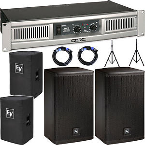 2x Electro-Voice ELX115 Speaker w/ Covers & QSC GX5 Amplifier + Stands & Cables