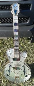 RARE VTG STAINED GLASS GUITAR FOLK ART ARTESIAN SIGNED ART GLASS LIFE SIZE