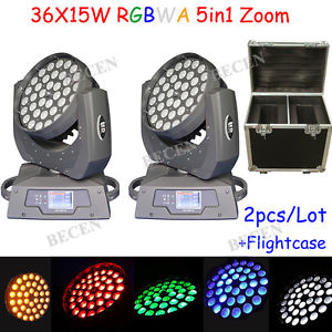2pcs 36x15w RGBWA 5in1 zoom wash led moving head light with flight case
