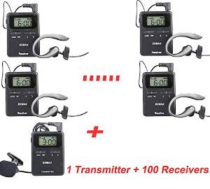 EXMAX&reg; Latest UHF 815-823MHZ Long Distance Whisper Wireless Tour Guide System/Monitoring System Focus on Tourism,Conference,Museum,Training,Hajj,Church(1 Transmitter and 100 Receivers)