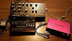 Moog Mother-32, Korg Volca Beats with stand and Focusrite Scarlett 2i2