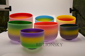 Chakra Tuned Set of 7 Rainbow Colored Frosted Crystal Singing Bowls 8"-12"