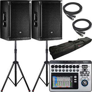 2x JBL SRX812P Powered Speakers + QSC Touchmix 8 Digital Mixer Stand & Cables