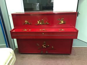 Upright Monnington And Weston. Red Enamel Piano With Chinese Enamel Figures.