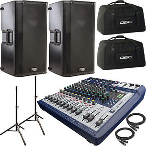 2x QSC K12 Speakers, Totes, Stands, Soundcraft Signature 12 Mixer Bundle