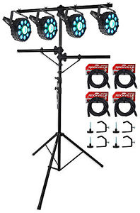 (4) Chauvet DJ FX Par 9 DMX SMD RGB+UV Strobe Par Lights+Stand+Cables+Clamps