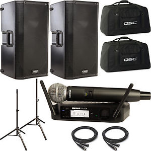 2x QSC K12 Powered Speakers, Totes, Stands, Shure GLX-D Wireless SM58 Microphone