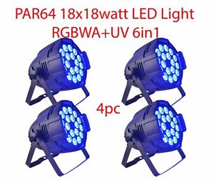 LOT DJ PAR 64 18x18w LED LIGHTING RGBWA+UV 6in1 DMX512 STAGE PARTY SHOW 4 PCS