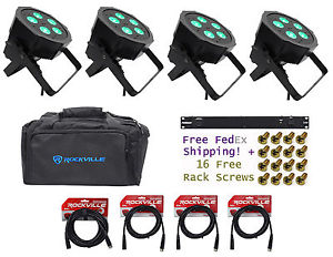 (4) American DJ Mega QPlus Go Battery Powered Par Lights+Bag+Cables+Conditioner
