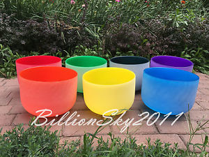 Chakra Tuned Set of 7 Colored Frosted Quartz Crystal Singing Bowls-All 25 cm