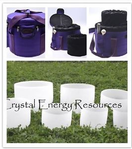 Chakra Tuned Set of 7 Frosted Crystal Singing Bowls 8"-12" + Four Cases