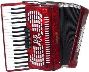Scarlatti 48 BASS 3V PIANO ACCORDION, Red 34 Treble keys, 12 by 4 bass layout.