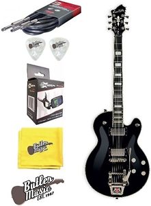 Hagstrom TREHJ500-BLK Tremar HJ500 Electric Guitar w/Clip-on tuner + More