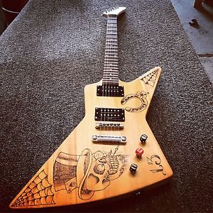 CUSTOM BUILT GIBSON EXPLORER style GUITAR w/HAND WOOD BURNED TATTOO DESIGNS!