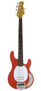 Ernie Ball Music Man Classic Collection StingRay 5 String Bass - Single Humbucker Coral Red Finished Birdseye Maple Neck White Pickguard