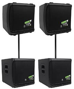 (2) Mackie DLM12 2000W 12" Powered DJ PA Speakers+(2) Mackie Active Subs+Poles