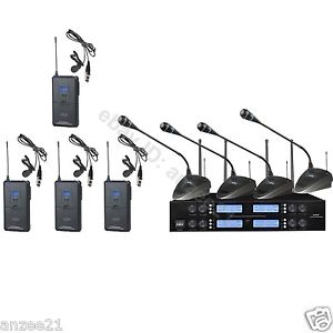 UHF Wireless 4 Desk 4 Lapel Conferencing Microphones Sets for District Meeting
