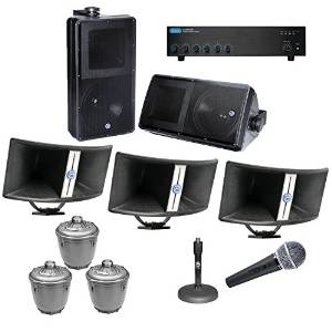 Stadium Sound System 240 Watts, 6 Input Mixer Amplifier, 60 Watt Paging Horns, Shure Microphone